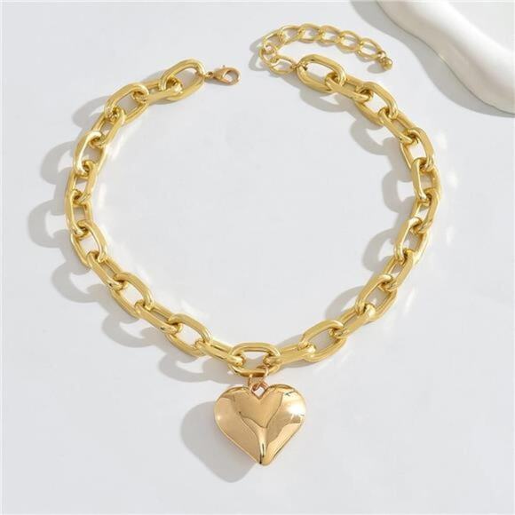 Chunky Heart Necklace Statement Necklace with Big Puffy Heart Gold Tone - Picture 2 of 7